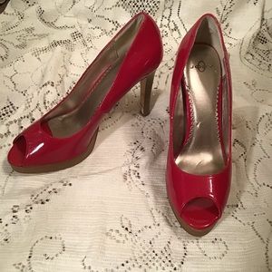 Deep Red Patent Leather Peep Toe Platforms